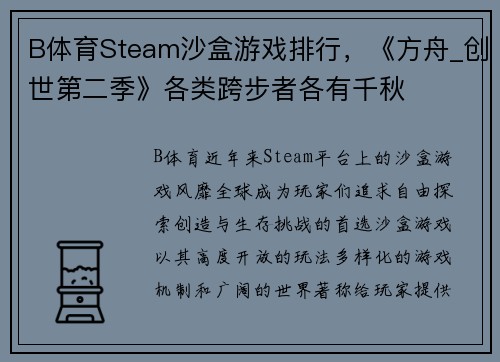 B体育Steam沙盒游戏排行，《方舟_创世第二季》各类跨步者各有千秋