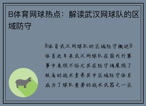 B体育网球热点：解读武汉网球队的区域防守