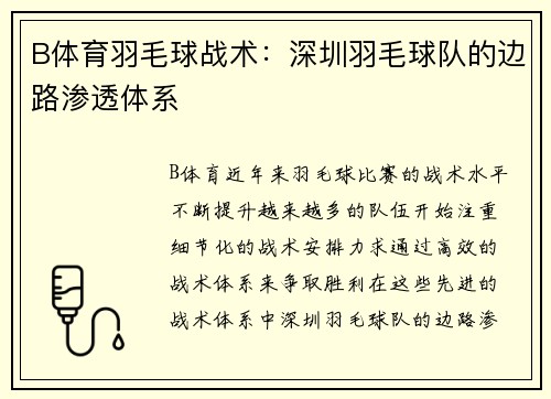 B体育羽毛球战术：深圳羽毛球队的边路渗透体系
